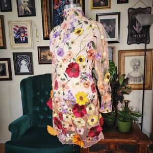 Finesse Sheer Floral Mesh Mini Dress Embroidered Multicolor Flowers Peach Party